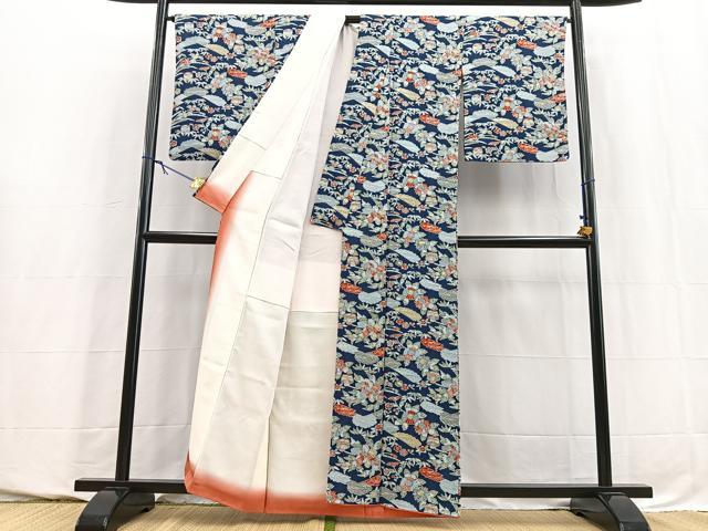 平和屋着物■上質な小紋　型染め　風景花文　正絹　逸品　BAAY5772yc