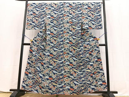平和屋着物■上質な小紋　型染め　風景花文　正絹　逸品　BAAY5772yc