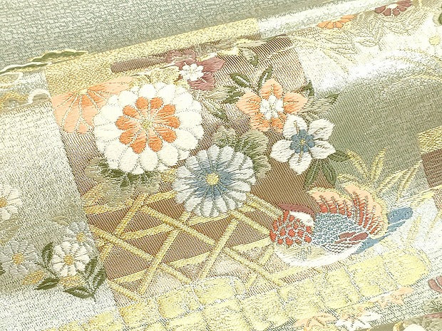 平和屋本店▼六通柄袋帯　唐織　九百錦　草花文　本金箔　正絹　逸品　DABJ6261sf