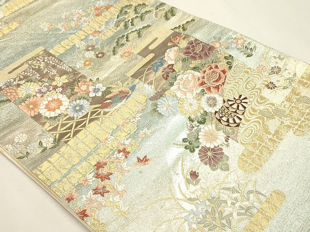 平和屋本店▼六通柄袋帯　唐織　九百錦　草花文　本金箔　正絹　逸品　DABJ6261sf
