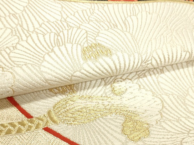 平和屋本店▼西陣　織悦謹製　六通柄袋帯　唐織　九百錦　結び紐花文　本金箔　証紙付き　正絹　逸品　DABJ6262sf