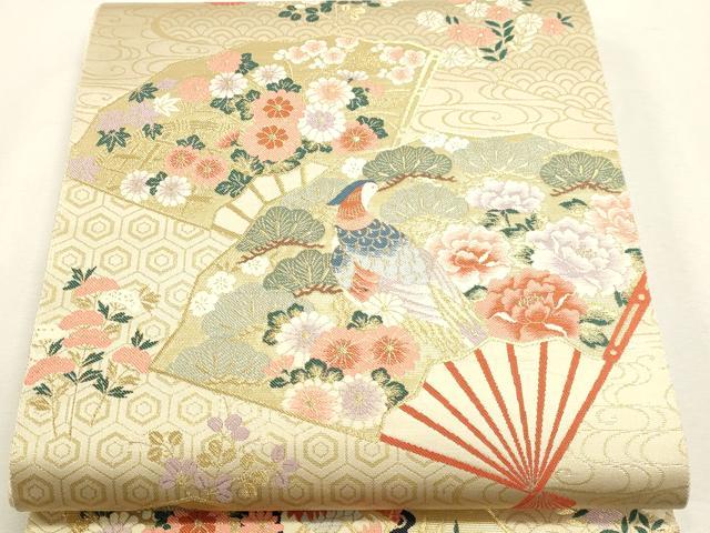 平和屋本店▼六通柄袋帯　扇面花鳥文　本金箔　正絹　逸品　DABJ6263sf