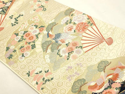 平和屋本店▼六通柄袋帯　扇面花鳥文　本金箔　正絹　逸品　DABJ6263sf