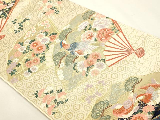 平和屋本店▼六通柄袋帯　扇面花鳥文　本金箔　正絹　逸品　DABJ6263sf