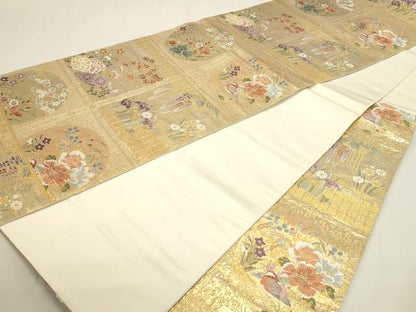 平和屋本店▼六通柄袋帯　唐織　格子春秋文　本金箔　正絹　逸品　DABJ6286sf