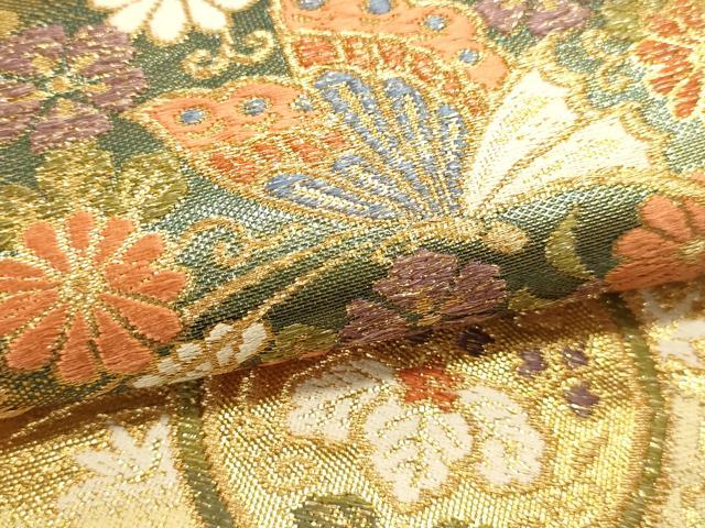平和屋本店▼六通柄袋帯　唐織　新擁錦　花蝶文　本金箔二重　正絹　逸品　DABJ6290sf