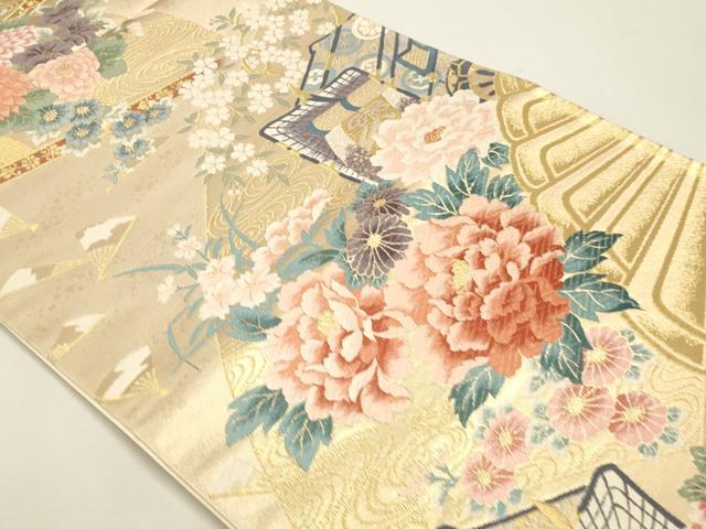 平和屋本店▼六通柄袋帯　唐織　扇面御所車花文　純金二重箔　正絹　逸品　DABJ6267sf