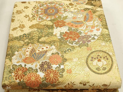 平和屋本店▼六通柄袋帯　唐織　新擁錦　花蝶文　本金箔二重　正絹　逸品　DABJ6290sf