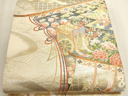 平和屋本店▼六通柄袋帯　唐織　源氏絵巻文　純金三重箔　正絹　逸品　DABJ6293sf