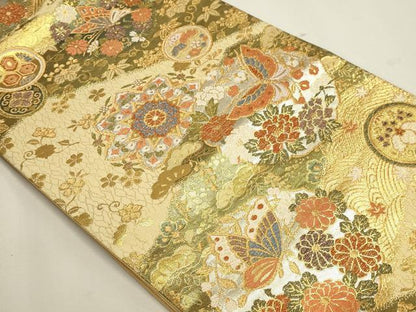 平和屋本店▼六通柄袋帯　唐織　新擁錦　花蝶文　本金箔二重　正絹　逸品　DABJ6290sf