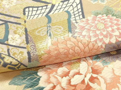 平和屋本店▼六通柄袋帯　唐織　扇面御所車花文　純金二重箔　正絹　逸品　DABJ6267sf