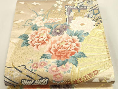 平和屋本店▼六通柄袋帯　唐織　扇面御所車花文　純金二重箔　正絹　逸品　DABJ6267sf