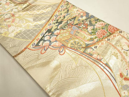 平和屋本店▼六通柄袋帯　唐織　源氏絵巻文　純金三重箔　正絹　逸品　DABJ6293sf