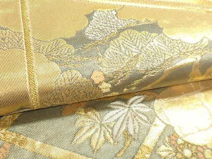 平和屋本店▼六通柄袋帯　屏風孔雀文様　純金箔　手織二重箔　正絹　逸品　DABJ6304sf