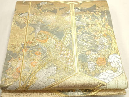 平和屋本店▼六通柄袋帯　屏風孔雀文様　純金箔　手織二重箔　正絹　逸品　DABJ6304sf