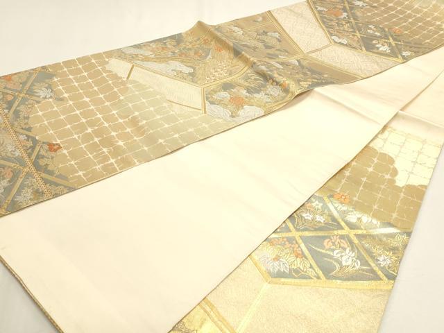 平和屋本店▼六通柄袋帯　屏風孔雀文様　純金箔　手織二重箔　正絹　逸品　DABJ6304sf