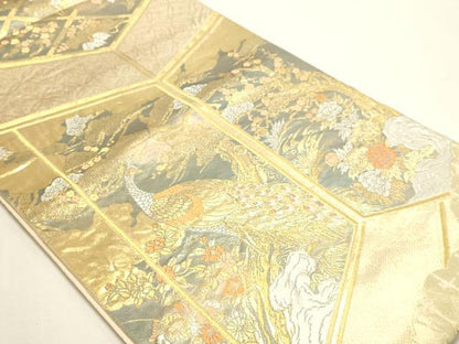 平和屋本店▼六通柄袋帯　屏風孔雀文様　純金箔　手織二重箔　正絹　逸品　DABJ6304sf