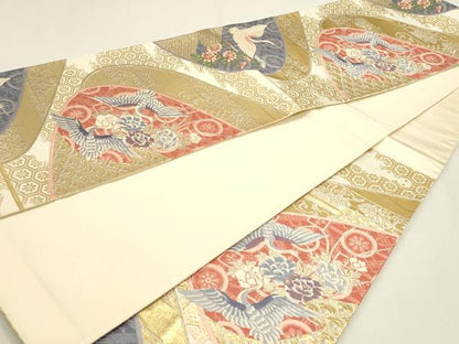 平和屋本店▼六通柄袋帯　唐織　鶴菊花文様　純金箔24Ｋ　正絹　逸品　DABJ6341sf