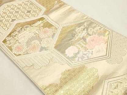 平和屋本店▼六通柄袋帯　御所車花文　本金箔二重織　正絹　逸品　DABJ6331sf