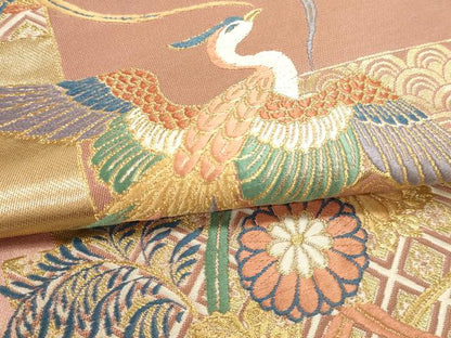 平和屋本店▼六通柄袋帯　扇面飛鶴花文　本金箔　正絹　逸品　DABJ6329sf