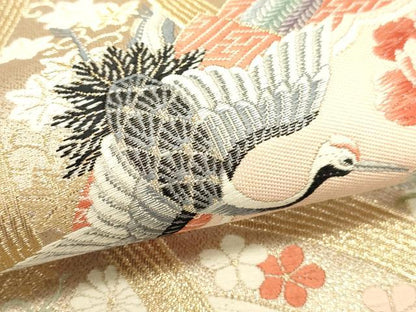 平和屋本店▼六通柄袋帯　唐織　九百錦24ｋ　桧扇舞鶴文　本金箔　正絹　逸品　DABJ6326sf