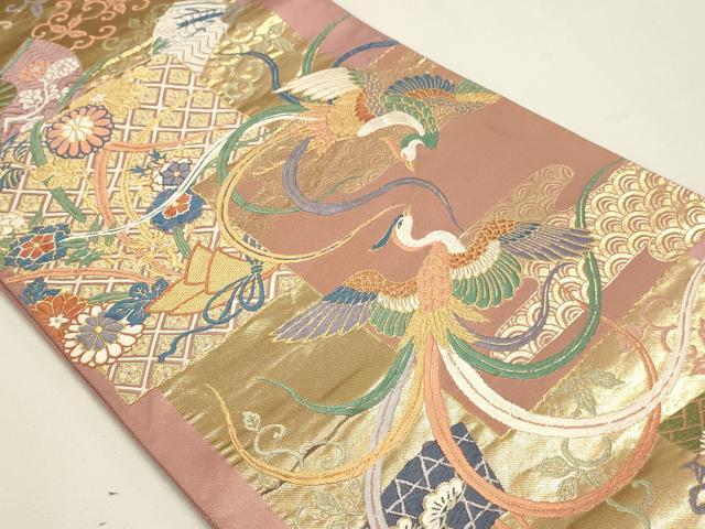 平和屋本店▼六通柄袋帯　扇面飛鶴花文　本金箔　正絹　逸品　DABJ6329sf