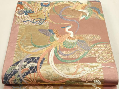 平和屋本店▼六通柄袋帯　扇面飛鶴花文　本金箔　正絹　逸品　DABJ6329sf