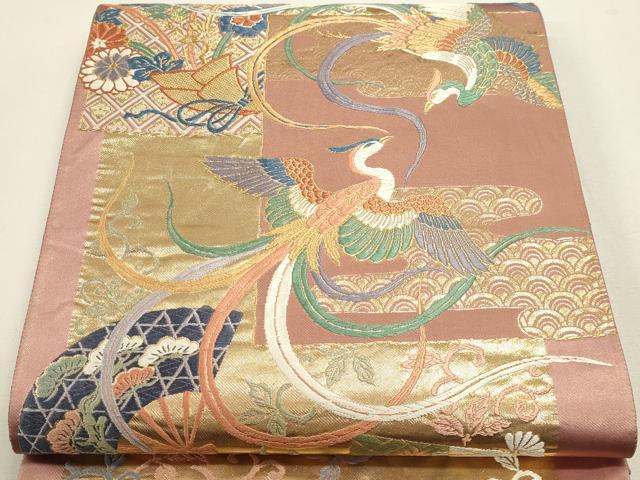 平和屋本店▼六通柄袋帯　扇面飛鶴花文　本金箔　正絹　逸品　DABJ6329sf
