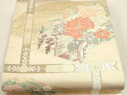 平和屋本店▼六通柄袋帯　唐織　瑞祥錦　地紙花車文　純金二重箔　正絹　逸品　DABJ6338sf