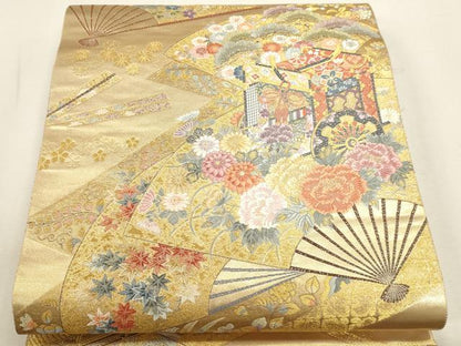 平和屋本店▼六通柄袋帯　御所車桧扇車　本金箔　正絹　逸品　DABJ6334sf