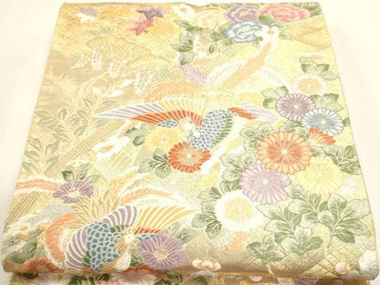 平和屋本店▼六通柄袋帯　唐織　光悦花鳥文　九百本金弐重織　正絹　逸品　DABJ6324sf