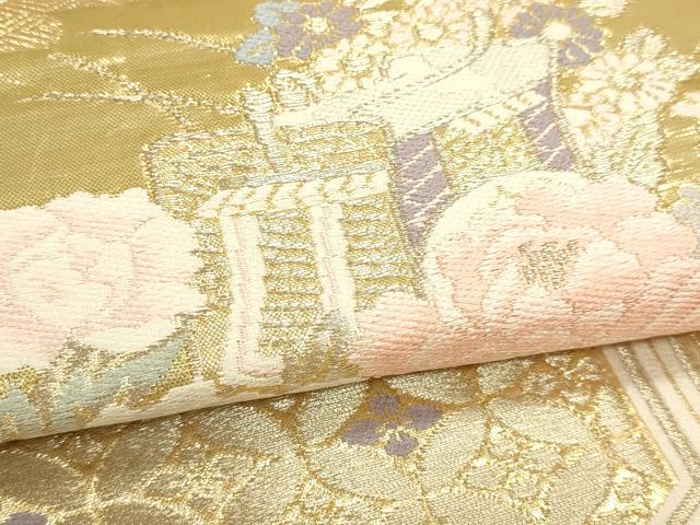 平和屋本店▼六通柄袋帯　御所車花文　本金箔二重織　正絹　逸品　DABJ6331sf