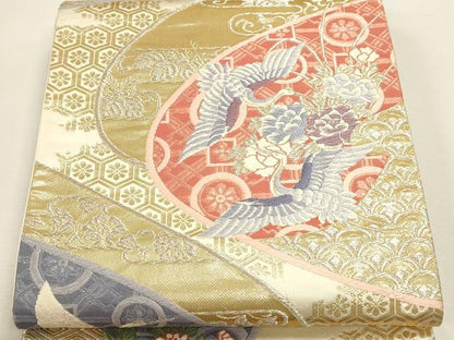 平和屋本店▼六通柄袋帯　唐織　鶴菊花文様　純金箔24Ｋ　正絹　逸品　DABJ6341sf