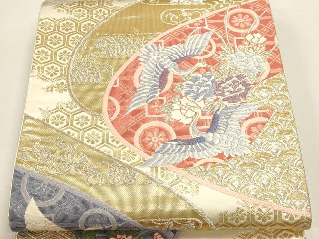 平和屋本店▼六通柄袋帯　唐織　鶴菊花文様　純金箔24Ｋ　正絹　逸品　DABJ6341sf