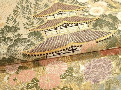 平和屋本店▼六通柄袋帯　九百錦　風景草花文　本金貮重箔　正絹　逸品　DABJ6354sf