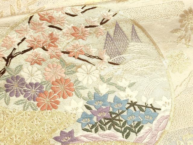 平和屋本店▼六通柄袋帯　唐織　九百錦　群鶴草花文　純金箔　正絹　逸品　DABJ6355sf
