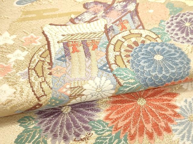 平和屋本店▼六通柄袋帯　唐織　山菊孔雀文　24ｋ本金箔　正絹　逸品　DABJ6357sf
