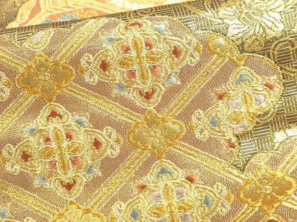 平和屋本店▼六通柄袋帯　唐織　正倉院花文　燃金　本金箔　正絹　逸品　DABJ6370sf