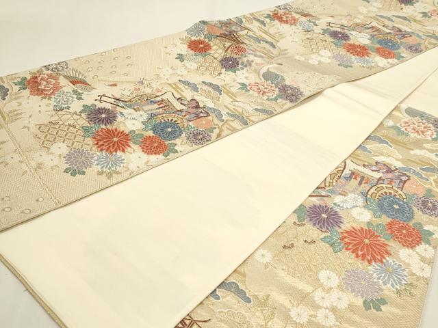 平和屋本店▼六通柄袋帯　唐織　山菊孔雀文　24ｋ本金箔　正絹　逸品　DABJ6357sf