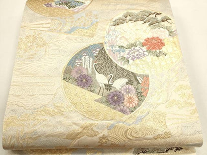 平和屋本店▼六通柄袋帯　唐織　九百錦　群鶴草花文　純金箔　正絹　逸品　DABJ6355sf