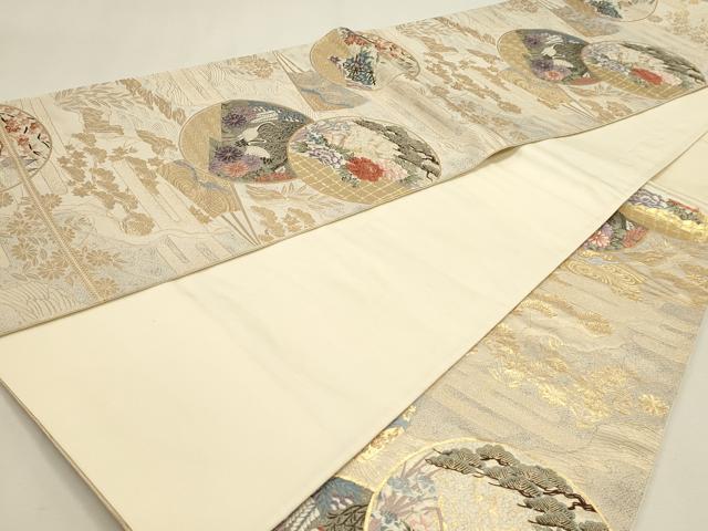 平和屋本店▼六通柄袋帯　唐織　九百錦　群鶴草花文　純金箔　正絹　逸品　DABJ6355sf
