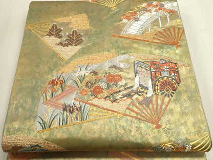 平和屋着物▼六通柄袋帯　唐織　扇面御所車花文　本うるし箔金　正絹　逸品　DABJ6363sf