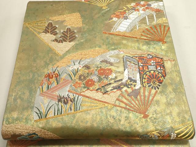 平和屋着物▼六通柄袋帯　唐織　扇面御所車花文　本うるし箔金　正絹　逸品　DABJ6363sf