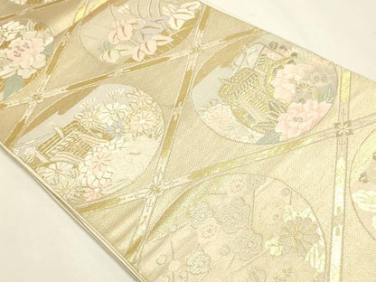 平和屋本店▼六通柄袋帯　御所車花文　本金箔二重織　正絹　逸品　DABJ6378sf