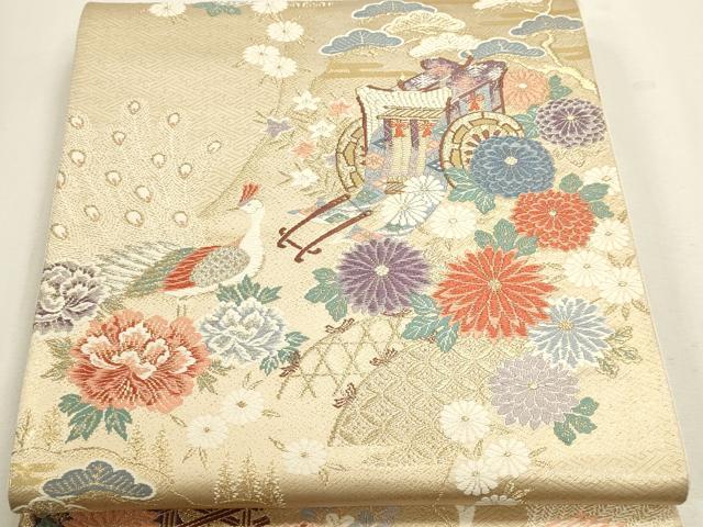 平和屋本店▼六通柄袋帯　唐織　山菊孔雀文　24ｋ本金箔　正絹　逸品　DABJ6357sf