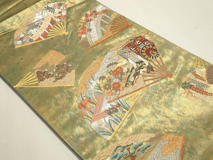 平和屋着物▼六通柄袋帯　唐織　扇面御所車花文　本うるし箔金　正絹　逸品　DABJ6363sf