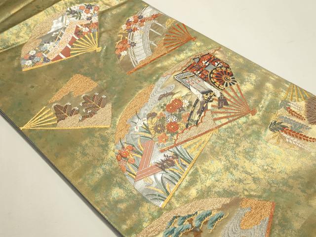 平和屋着物▼六通柄袋帯　唐織　扇面御所車花文　本うるし箔金　正絹　逸品　DABJ6363sf