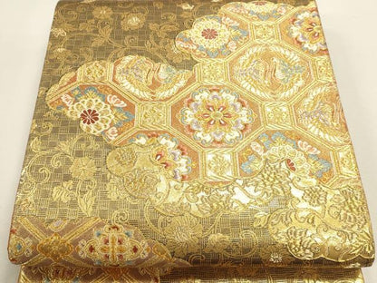 平和屋本店▼六通柄袋帯　唐織　正倉院花文　燃金　本金箔　正絹　逸品　DABJ6370sf