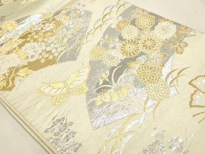 平和屋本店▼六通柄袋帯　地紙花蝶文　プラチナ24ｋ織　正絹　逸品　DABJ6377sf