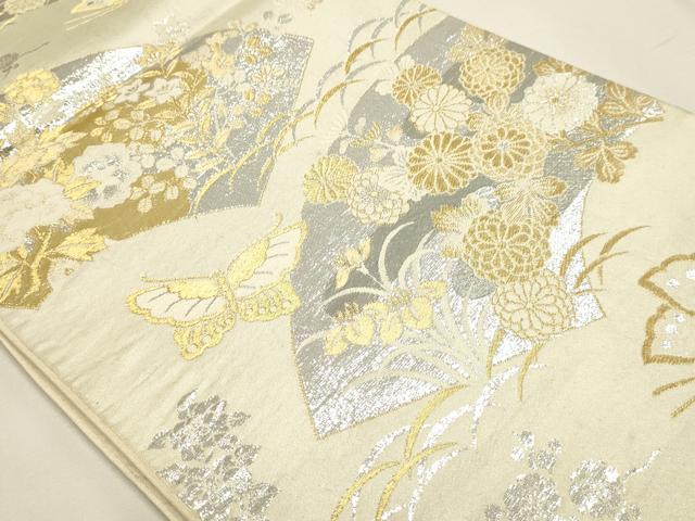 平和屋本店▼六通柄袋帯　地紙花蝶文　プラチナ24ｋ織　正絹　逸品　DABJ6377sf